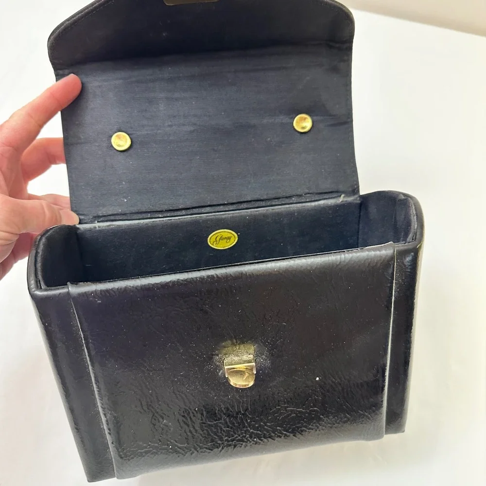 Vintage Black Faux Leather Top‎ Handle Handbag Structured Satchel Gold Clasp